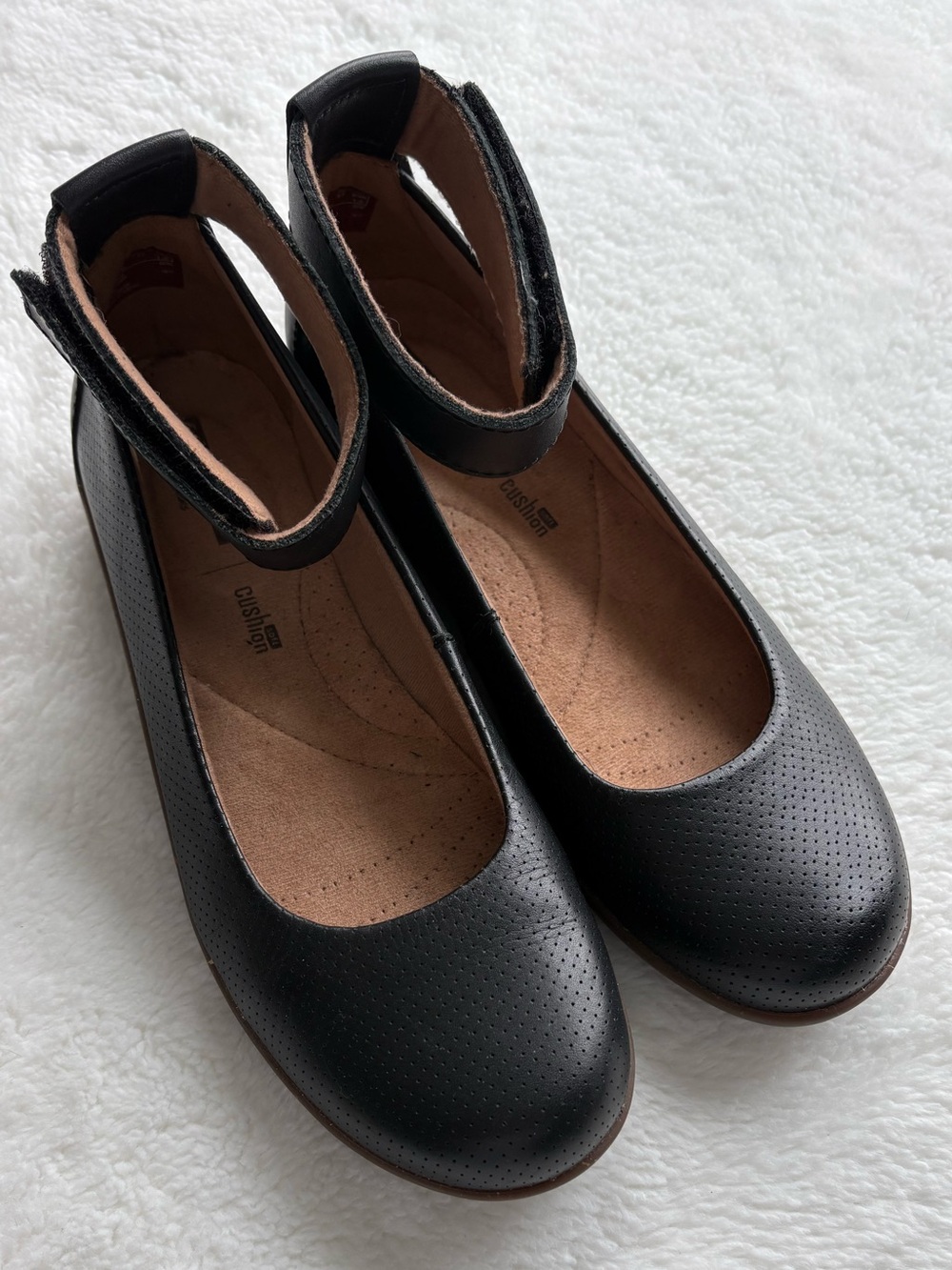 Clarks Medora Nina Black Perforated Ankle-Strap Ballet Flats - Picture 2 of 8